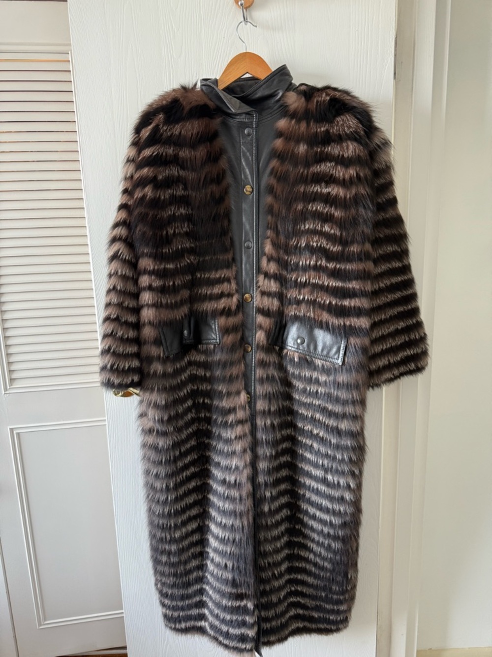 Full-Length Brown Striped fox Fur Coat with Leather Trim